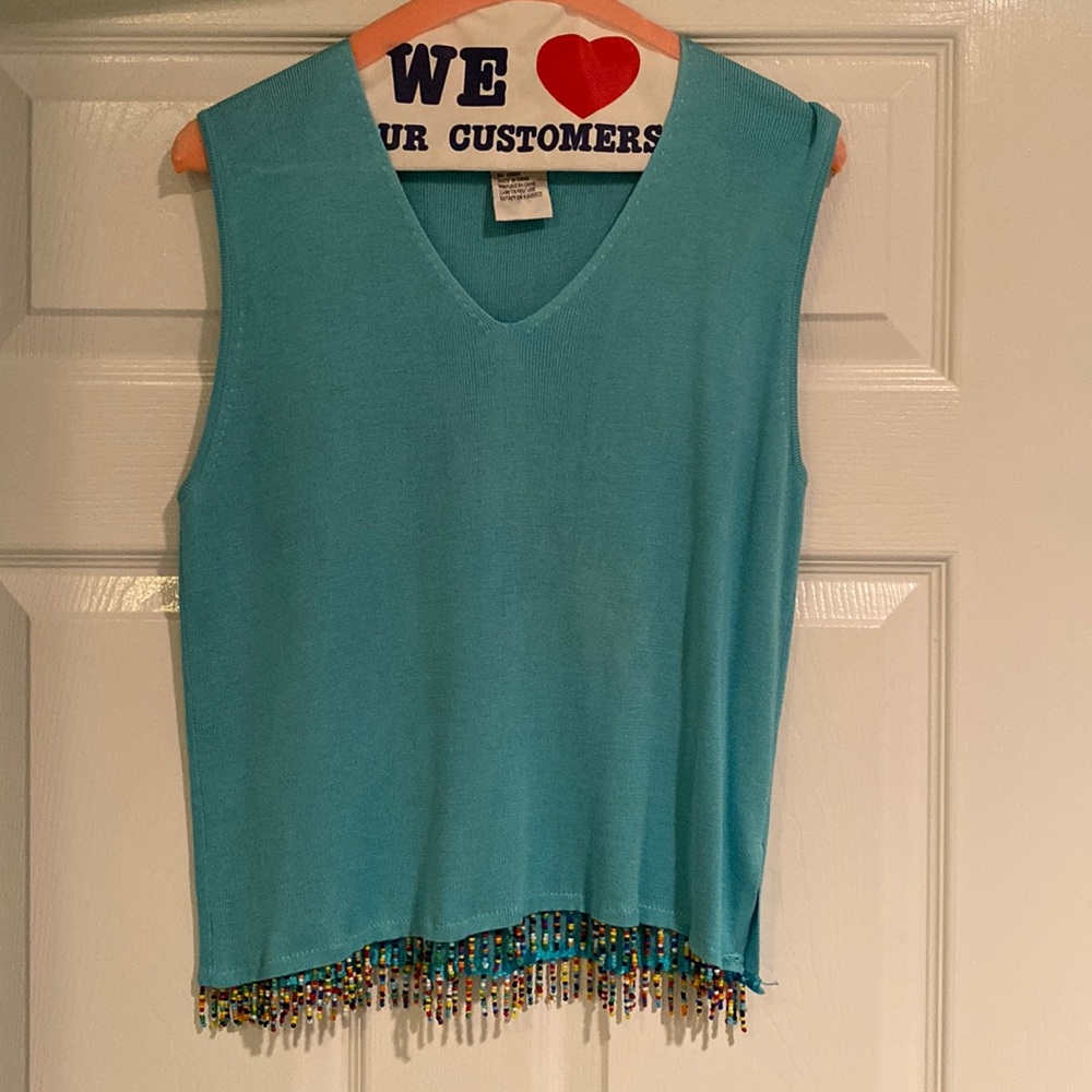 Joseph A XL sleeveless top. Light blue with beading fringe on the bottom